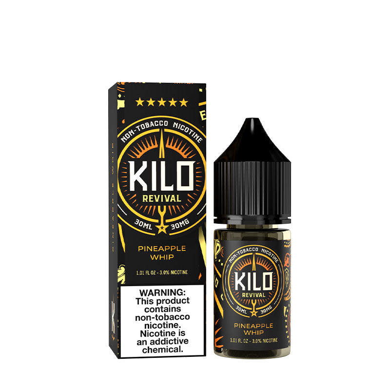 A Box of Pineapple Whip Kilo Revival TFN Salt  with a warning sign and a 30ml bottle next to it - ԷՆԴՍ